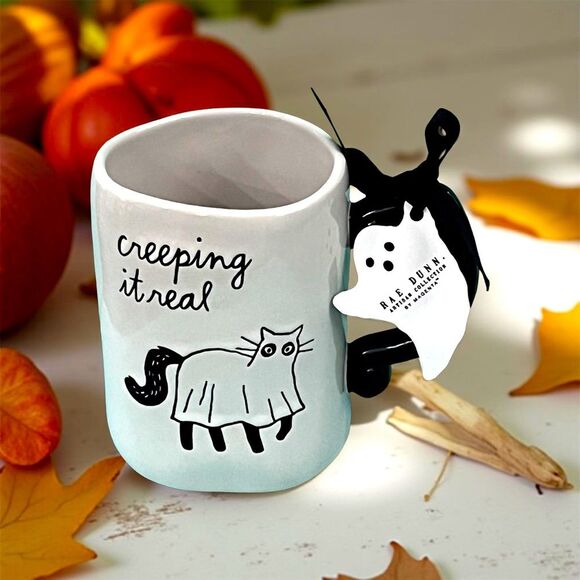 Rae Dunn Coffee Fall Mug Halloween Cat "Creeping it Real" Rare - Picture 1 of 7